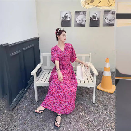 Cotton floral dress 2024 new thin waist pure wind Amazon artificial cotton beach dress fairy dress
