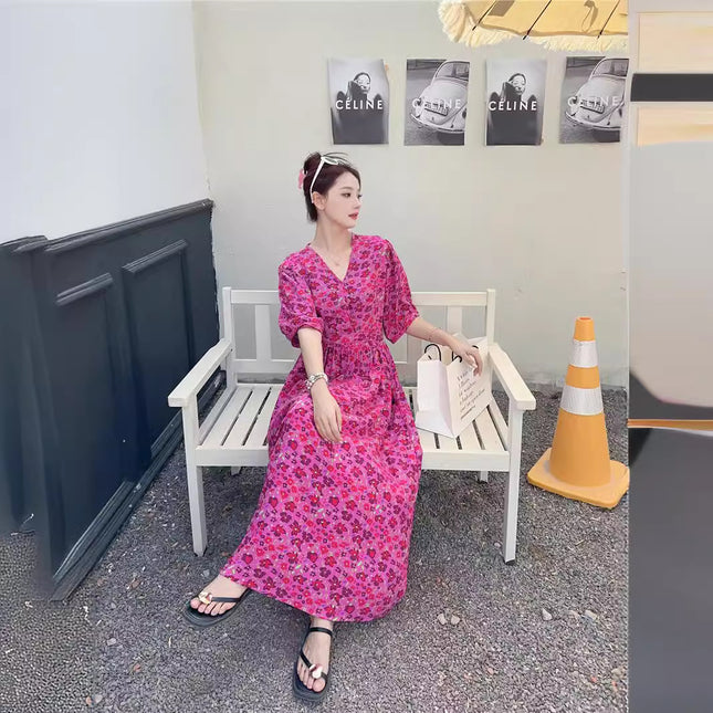 Cotton floral dress 2024 new thin waist pure wind Amazon artificial cotton beach dress fairy dress