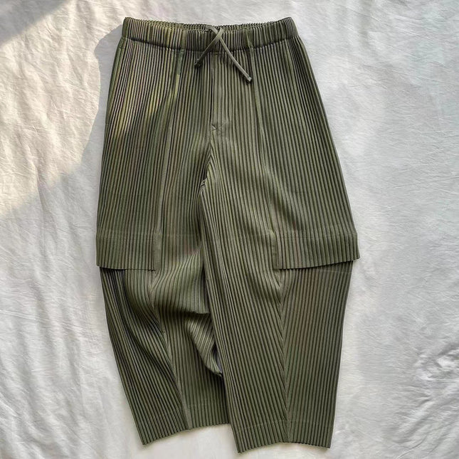 Miyake Clothing Cargo Pants Pleated Men's Army Green Cropped Pants Men's Summer Casual Loose Japanese Style Jf144