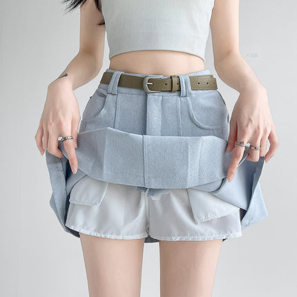 Sky Blue Pleated Skirt Women's Summer New High Waist Slimming All-Match A- Line Skirt Anti-Light Hip Short Skirt