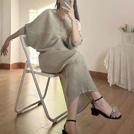 Long Skirt Summer Women's Clothing Export New Shenzhen Nanyou Classy Pleated Dress Classy Metallic Gloss