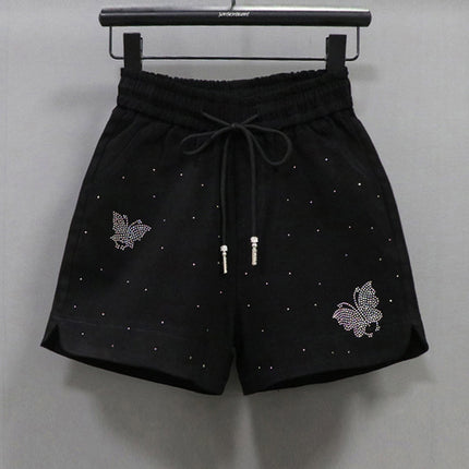 Elastic Waist Shorts Women's Hot Drilling Candy Color Butterfly Denim Wide Leg Pants New Korean Style Slim Look Elastic All-match Hot Pants