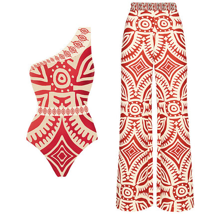 One-Shoulder Ethnic Style Printed One-Piece Swimsuit Suit for Women 2024 Beach Vacation Swimsuit New Style 2703