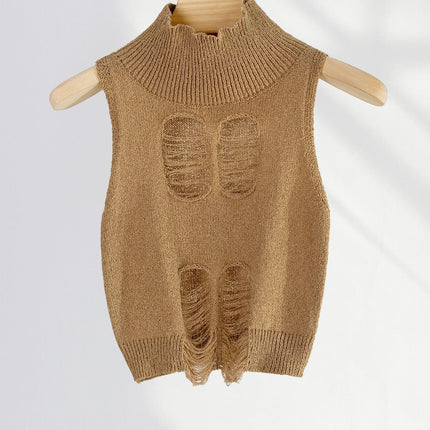 Hot Sweetheart Knitted Tight Vest Women's High Collar Open Waist Hole Hollow Sexy American Style Hot Girl Small Top Ins