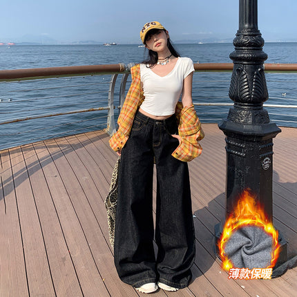 American-Style Wide-Leg Jeans for Women, 2025 Autumn and Winter New Style, Fleece-Lined, Straight-Leg, Loose, High-Waisted, Slimming, Thin Fleece, Floor-Length Pants