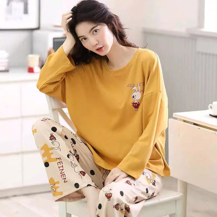 Spring and Autumn Imitation Cotton Pajamas Women's Long-sleeved suit Summer Round Neck Less Women's Home Clothes Cute Cartoon Outer Wear