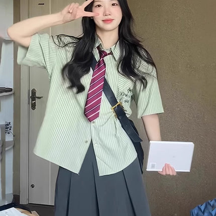 Korean style college style ootd wear women's summer small fresh green striped short sleeve shirt sweet JK pleated skirt