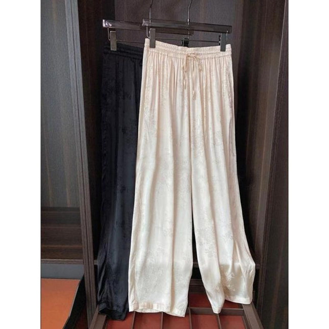 High-End Surplus Satin Drape Acetate Wide-Leg Pants for Women, Loose White Jacquard Straight-Leg Ice Silk Trousers