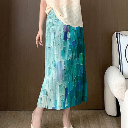 Gradient Skirt Summer Women's New Skirt Elastic Waist Pleated Back Slit Versatile Hip Skirt Women's Drop Shipping