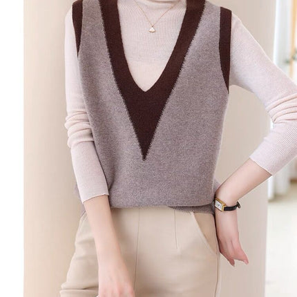 Woolen sweater knitted vest for women 2023 Autumn New sleeveless stacked color matching V-neck wool warm vest waistcoat
