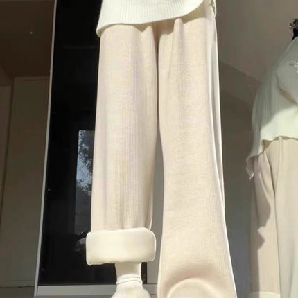 2025 New Korean Style Fine Ribbed Drape Straight-Leg Wide-Leg Pants for Women, Autumn and Winter Casual White Fleece-Lined Knit Pants