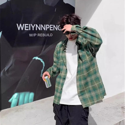 Brushed Plaid Long-Sleeved Shirt for Men, Summer Thin Sun Protection Shirt, Loose Retro American Fashion Brand Couple's Jacket