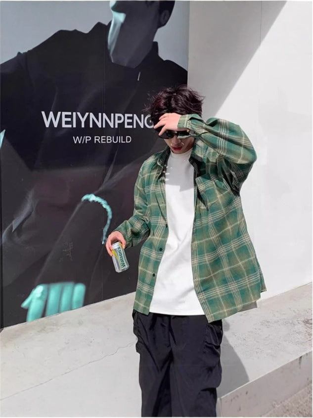 Brushed Plaid Long-Sleeved Shirt for Men, Summer Thin Sun Protection Shirt, Loose Retro American Fashion Brand Couple's Jacket