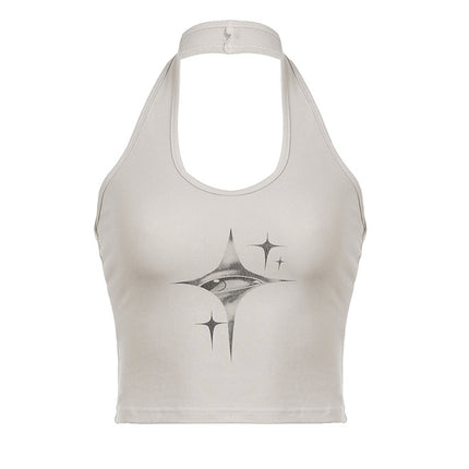 2024 European and American Summer New Women's U-Neck Tight-Fitting Ultra-Short Star Eye Print Halter Vest
