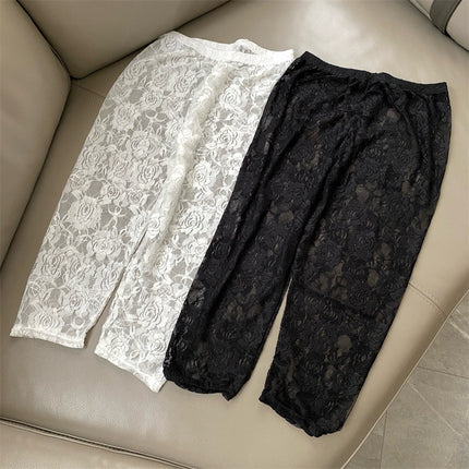 Lace Super Book Straight Five-point Leggings Slim-fit High-elastic Outer Wear plus size Safety Pants Rose Crochet Casual Trendy Pants