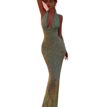Sleeveless halter deep V-neck dress sexy backless sequined high-grade fishtail dress long skirt