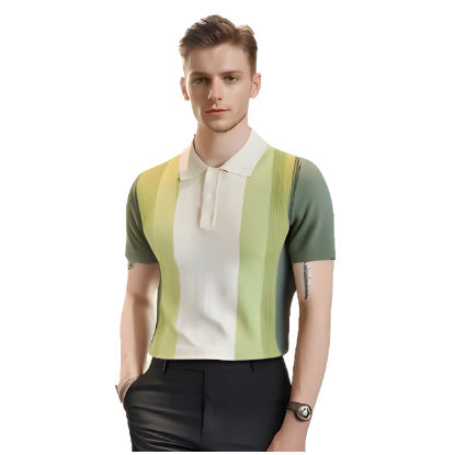 2025 Men's Knitted Polo Shirt Handsome Summer Trendy Men's Right Shoulder Shirt Collar American Zipper Lapel Stripesd T-Shirt