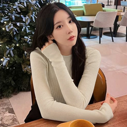 South Korea's Dongdaemun Round Neck Simple Slimming Look Sexy Sexy Figure-Showing Versatile Long-Sleeved Knitwear Tops for Women
