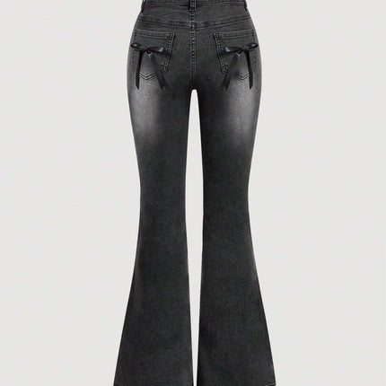 Cross-Border Black Bell-Bottom Pants with Bowknot Decoration, Slim Fit and Stretchy Fabric, Fashionable Women's Flared Jeans
