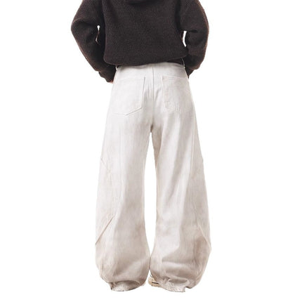 American Retro Dirty Dye Spray-Painted Design White Scimitar Jeans for Men and Women New Loose Versatile Wide-Leg Pants