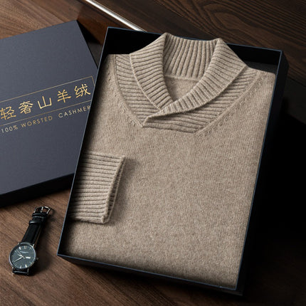 Men's cashmere sweater green collar autumn and winter thickened sweater business casual all-matching men's pure cashmere sweater