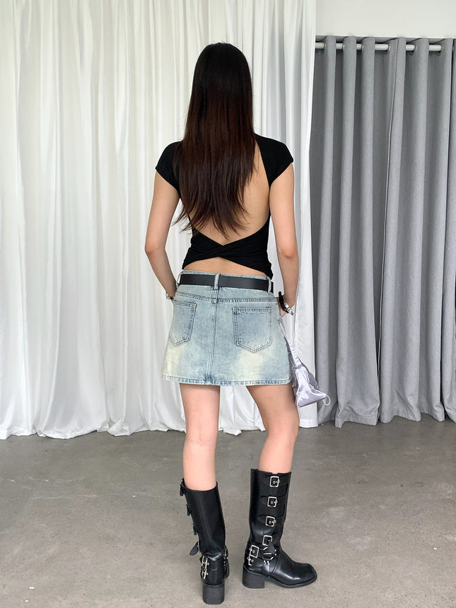 Dorothy Tricolor South Korea Spice Girls Pure Want Large Cross Backless Short Sleeve T-shirt Slim Fit Short Figure Shown Top