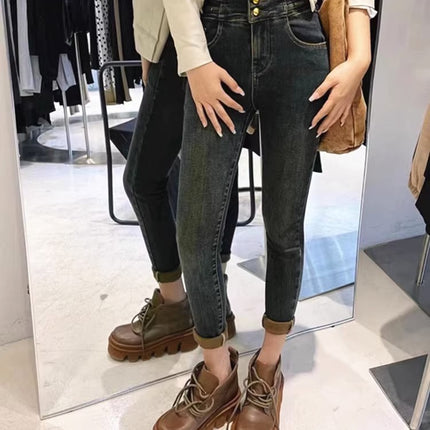 fleece-lined Thickened Warm Skinny Pencil Jeans Women's Autumn and Winter 2023 New High Waist Slimming All-match Pencil Pants