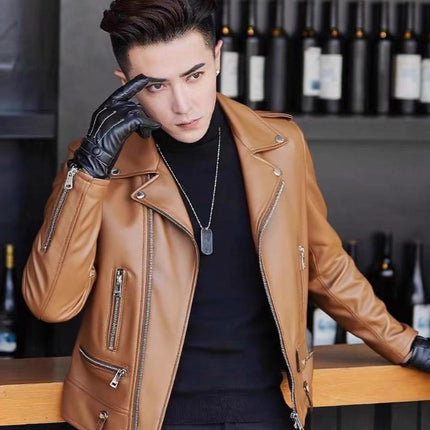 Men's Pu Leather Jacket Men's High-End 2025 New Spring & Fall Korean Style Slim Trendyy Motorcycle Jacket Men's Leather Jacket