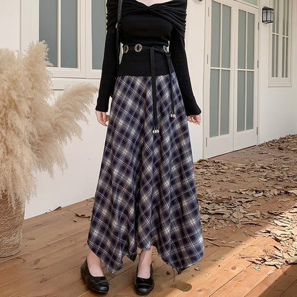 Retro Asymmetrical Plaid Brushed Skirt for Women Autumn and Winter 2025 New Design High-Waisted A-Line Long Skirt