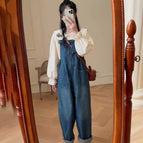 White top + denim overalls [high quality] two-piece set / S