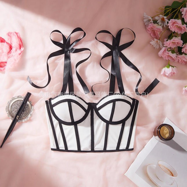 Cross-Border Hot-Selling Mesh Splicing Double-Layer Contrasting Ribbon Fishbone Steel Ring Sexy Sexy Camisole Women Km002