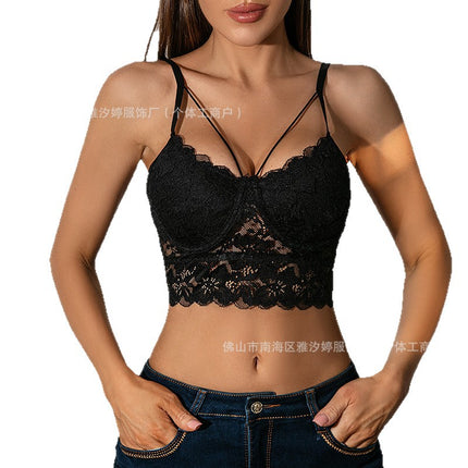Cross-Border New Sexy Lace Trim European and American Style Sheer Crop Top Backless Solid Color Camisole for Outerwear