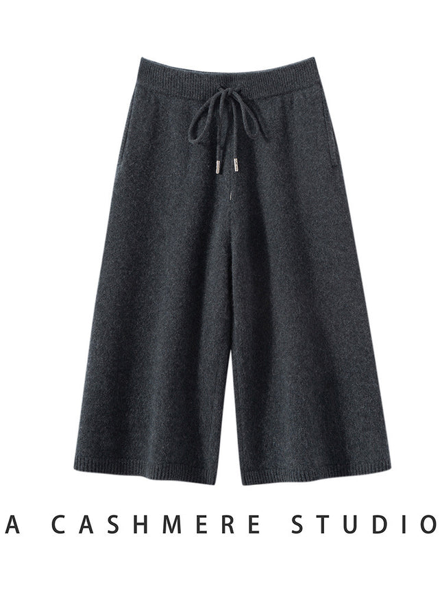 Casual High-Waisted Loose Straight-Leg Floor-Length Thick Drape Knit Pants for Women, New Cashmere Four-Way Stretch Pullover