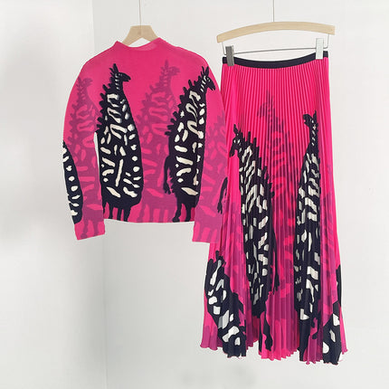 25 Spring New High-Waisted Slimming Pleated Skirt and Top Set, Miyake Classic Printed Pleated Skirt Set