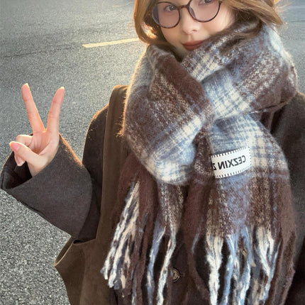 Factory new solid color haze blue scarf women's winter fluffy hair thickened students white students warm scarf