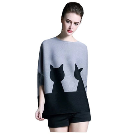 2026 Spring Batwing Sleeve New Women's Round Neck Loose Patchwork Cat Print Elastic Mid-Sleeve Top