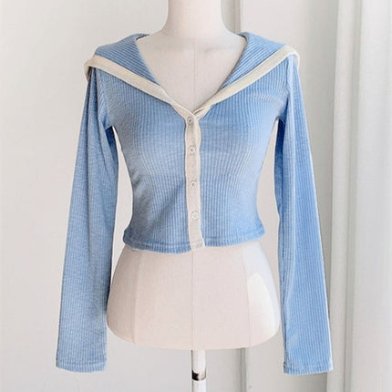 South Korea Spring and Summer New Elegant All-match Color Matching Navy Collar Short Figure Styliky All-match Long-sleeved T-shirt for Women