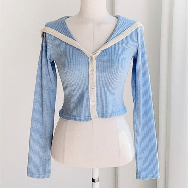 South Korea Spring and Summer New Elegant All-match Color Matching Navy Collar Short Figure Styliky All-match Long-sleeved T-shirt for Women
