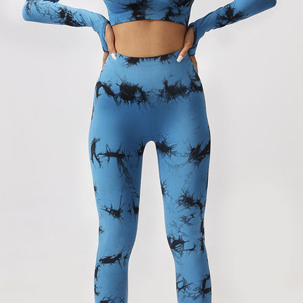 European and American Cross-border Seamless Tie-dyeing Fitness Sports Long Sleeve High Waist Peach Belly Tight Pants Yoga Sports suit