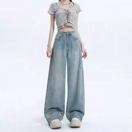 American Retro Wide-Leg Jeans for Women, Trendy Versatile New Ripped Design, Loose Slimming Drape Straight Pants