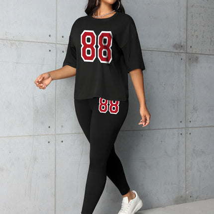 Fashion Versatile Digital Printing Casual Spring and Summer Short Sleeve Casual Loose Lightweight Breathable Leggings Set