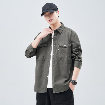 Heavy Wash Cotton Japanese Style Vintage Trendy Brand Loose Casual Shirt Jacket Army Green dark gray Jujube