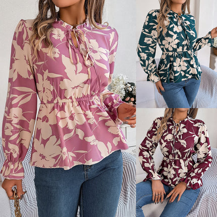 Real Shot of the 2026 Spring/Summer New Casual Floral Lace-Up Long-Sleeve Chiffon Blouse Amazon Cross-Border Women's Clothing