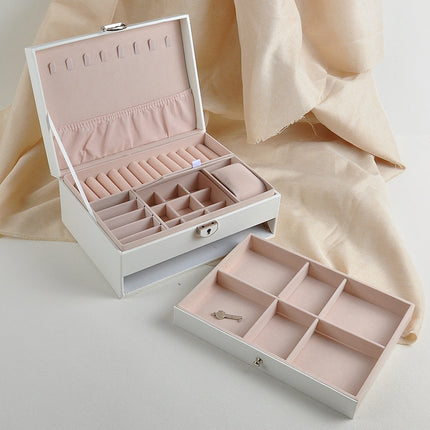 Leather Jewelry Box Double-Layer Jewelry Bracelet Box with Hardware Lock for Storing Rings and Earrings, Fashionable Jewelry Storage