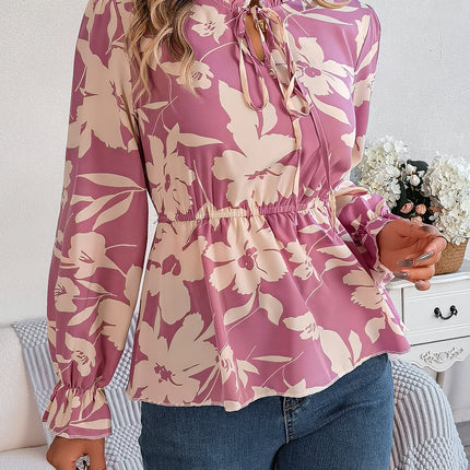 Real Shot of the 2026 Spring/Summer New Casual Floral Lace-Up Long-Sleeve Chiffon Blouse Amazon Cross-Border Women's Clothing