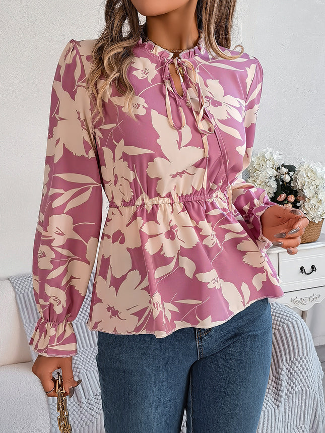 Real Shot of the 2026 Spring/Summer New Casual Floral Lace-Up Long-Sleeve Chiffon Blouse Amazon Cross-Border Women's Clothing