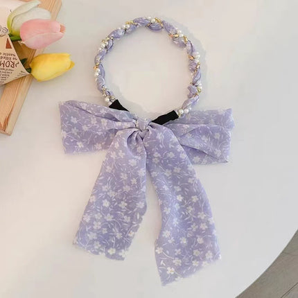 Sweet Floral Pearl Long Strap Hair Band Headband Summer New Sweet Tie Hair One-piece Pressure Hair Headband Women