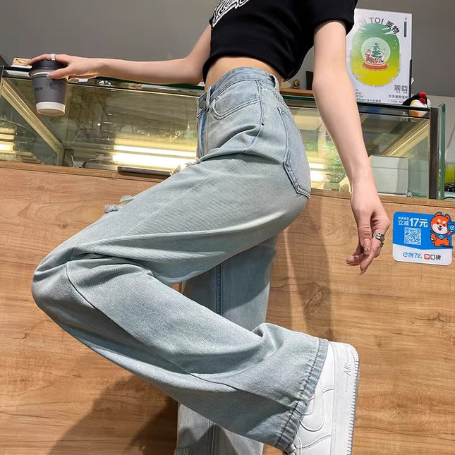 High Waist Ripped Jeans Women's Summer Fashionable All-match Light and Thin American-style Narrow Version Small Slim Look Straight Leg Wide-leg Pants