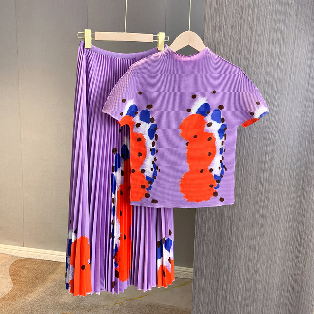 High-End Age-Reducing Skirt Suit for Women, Pleated Series, Quality Printed Top, Pleated Skirt, Long Two-Piece Set