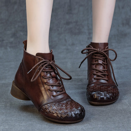 Genuine Leather Boots 2025 Autumn and Winter New Thick Heel Soft Sole Top Layer Soft Cowhide Women's Boots Retro Polished Woven Single Boots